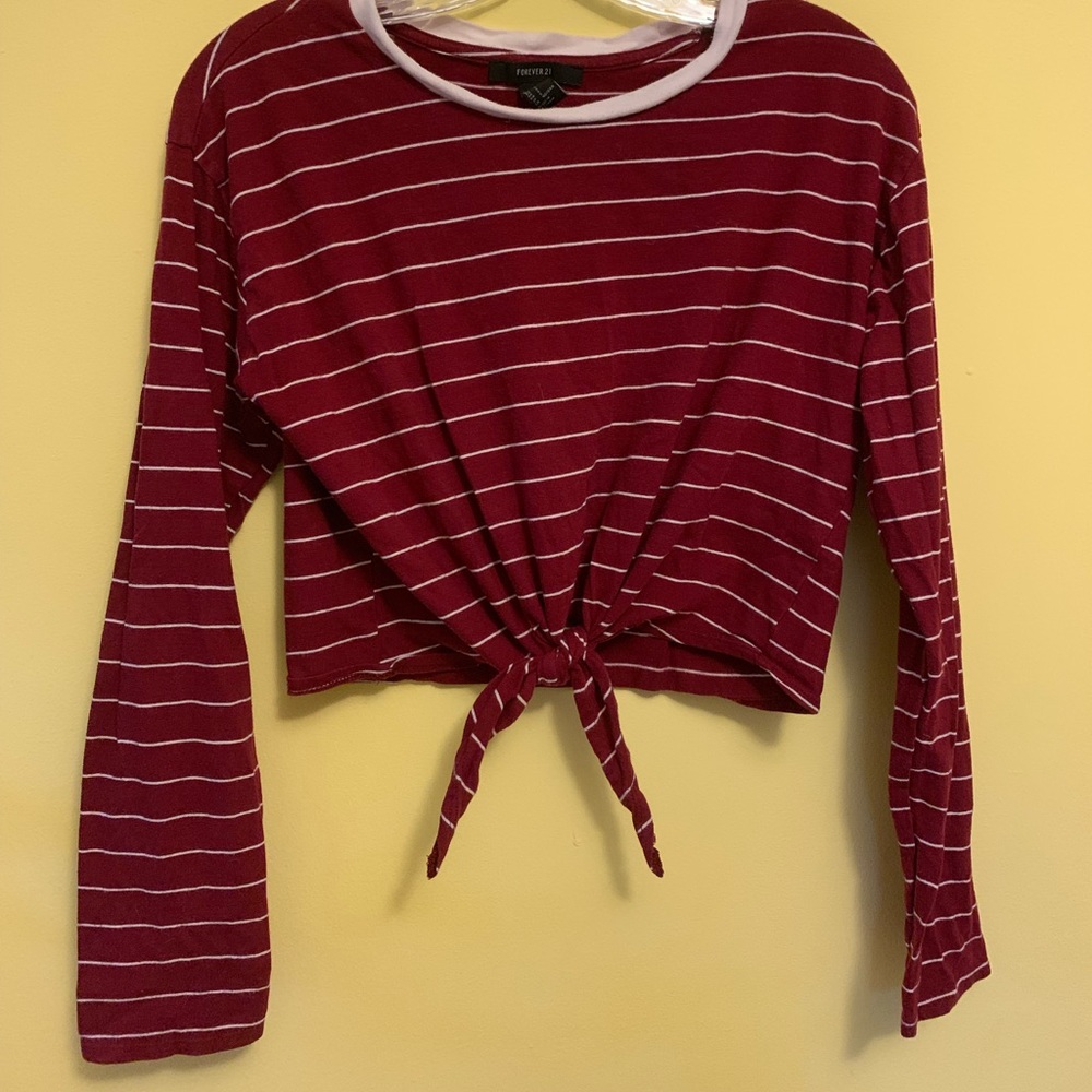 Red Striped Forever 21 Long Sleeve Cropped Shirt